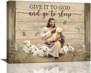 Jesus and Lamb Canvas Wall Art – Christian Home Decor (12x16 inch)